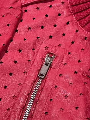 Girls GUCCI 5 Hot Pink SOFT LEATHER laser Cut STARS Moto Jacket Perforated COAT - Picture 10 of 14