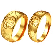 2pc Chunky Gold Plated Engagement Promise Lucky Ring Wedding Band Set Adjustable
