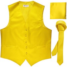New Formal Men's Solid Tuxedo Vest Waistcoat 1.5" Skinny Necktie Set Yellow