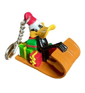 Vintage 2003 Looney Tunes "Daffy Duck on Sled" PVC Christmas Ornament Keychain!