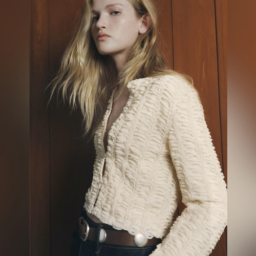 ZARA CREAM TEXTURED BROWN KNIT CARDIGAN TOP. UK:L - Picture 9 of 11