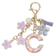 Alphabet C Tassel Cherry Blossom Initial Letter Keychain Purple, Pack of 1 