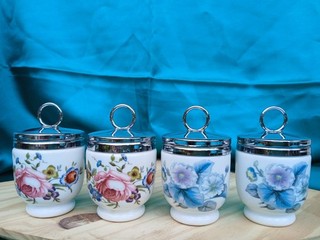 4 Royal Worcester Egg Coddlers in 2 pairs Vintage pattern flowered woodland