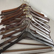 Lot of 12 Wooden Hangers Shirt Pants Jacket Suit Swivel Locking Bar, Dark Wood