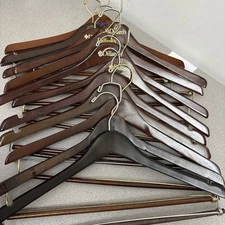Lot of 12 Wooden Hangers Shirt Pants Jacket Suit Swivel Locking Bar, Dark Wood