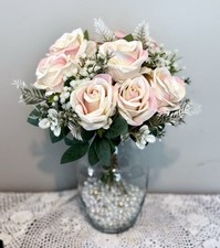 New Premium Pink Tipped Cream Silk Roses Glass Vase Table Top Arrangement