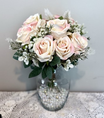 New Premium Pink Tipped Cream Silk Roses Glass Vase Table Top Arrangement