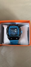 Tonneau Skull Barrel Analog Wristwatch Date Black Tiff Blue Dial Blue Strap