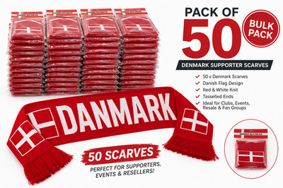 50 x Dänemark Schal Danish Flag DANMARK Supporter Fußball Fan Schals Bulk Lot