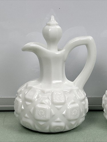 Vintage Westmoreland White Milk Glass Oil Vinegar Cruet Old Quilt MCM Lot Of 2 - Picture 2 of 11