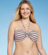Shade  Shore Womens Lightly Lined Textured Halter Bikini Top Stripes 38DD NWT