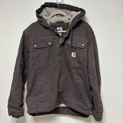 CARHARTT Washed Duck Bartlett Jacker Dark Brown Sherpa Lined Large