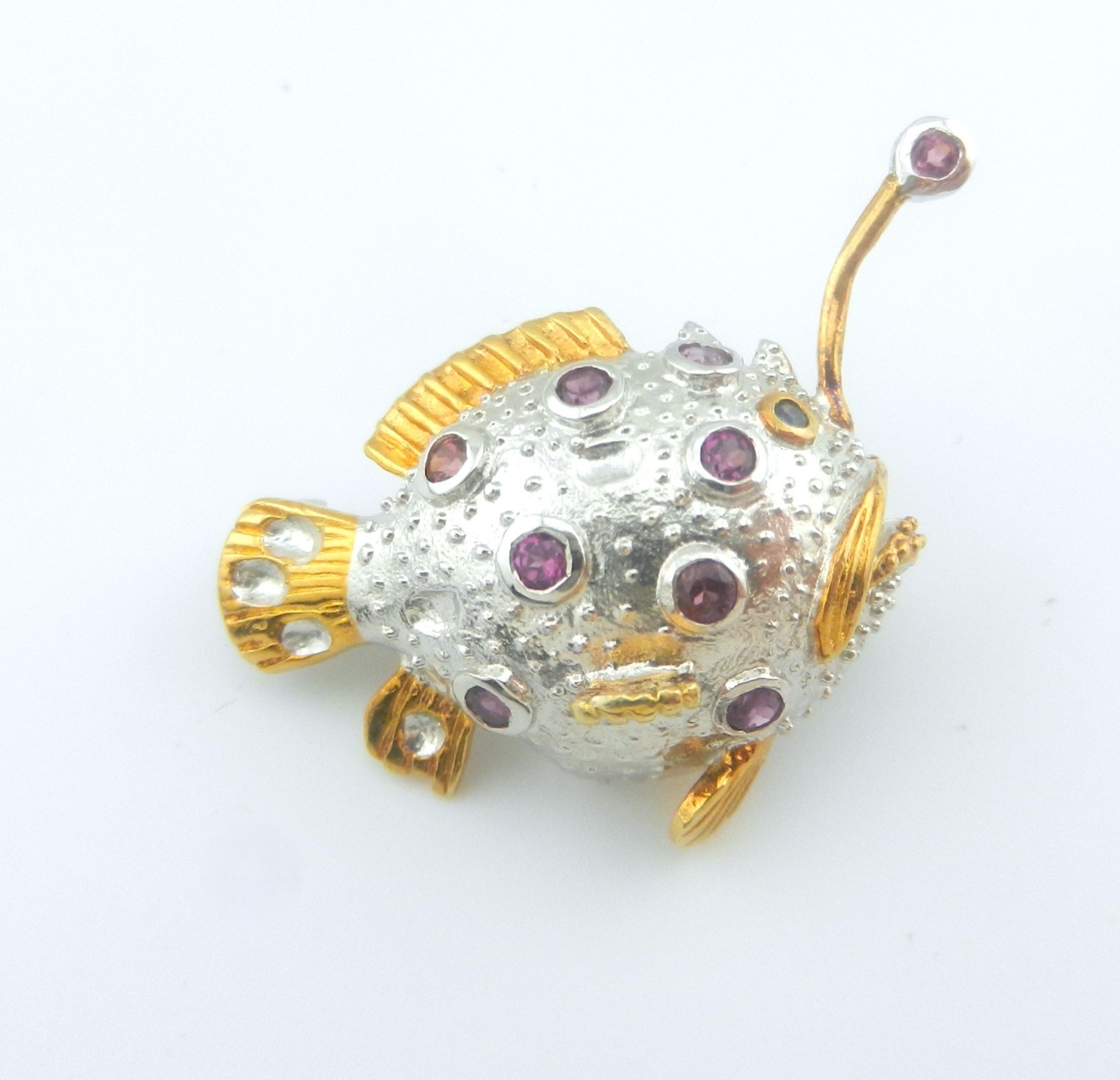 Kovel Solid Sterling Silver Puffer Fish Rubelite … - image 1