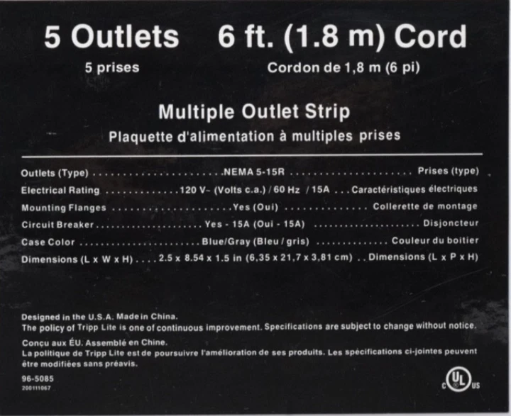 Tripp Lite 5 Outlet 15A Waber Switchless Industrial Power Strip 6ft / 1.8m Cord - Image 3 of 3