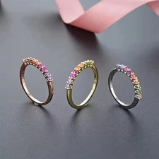 Multi Color Rose Gold Half Eternity Band, Round Cut Stacking Engagement Ring,