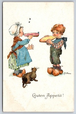 Bon Appetit Cat Looking at Boy and Girl Eating Flies Artist-Signed Fricero c1910