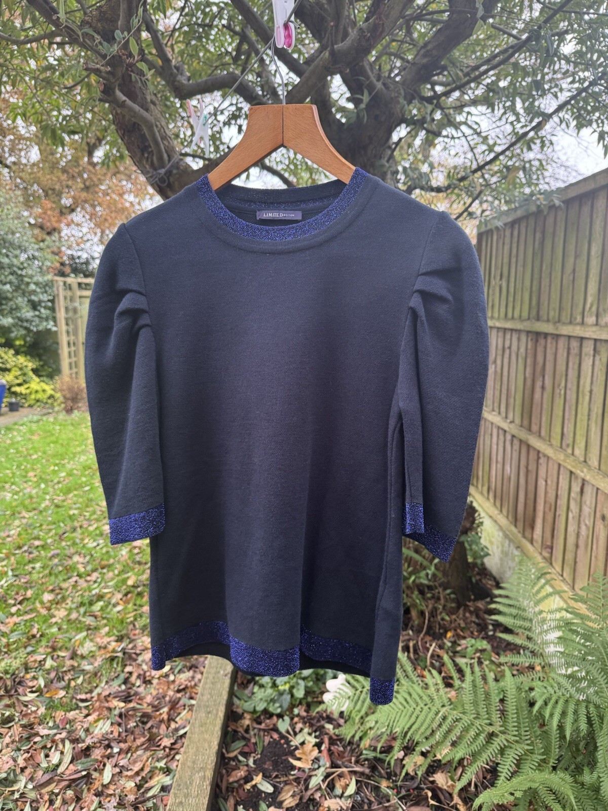 M&S Limited Navy Knit Top with Metallic Trim 3/4 Sleeves UK 10 EU 38