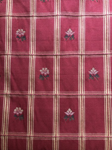 Designer Fabric Plaid Burgundy Maize Embroidered Floral Textured 3+Yards 47”W - Picture 2 of 4