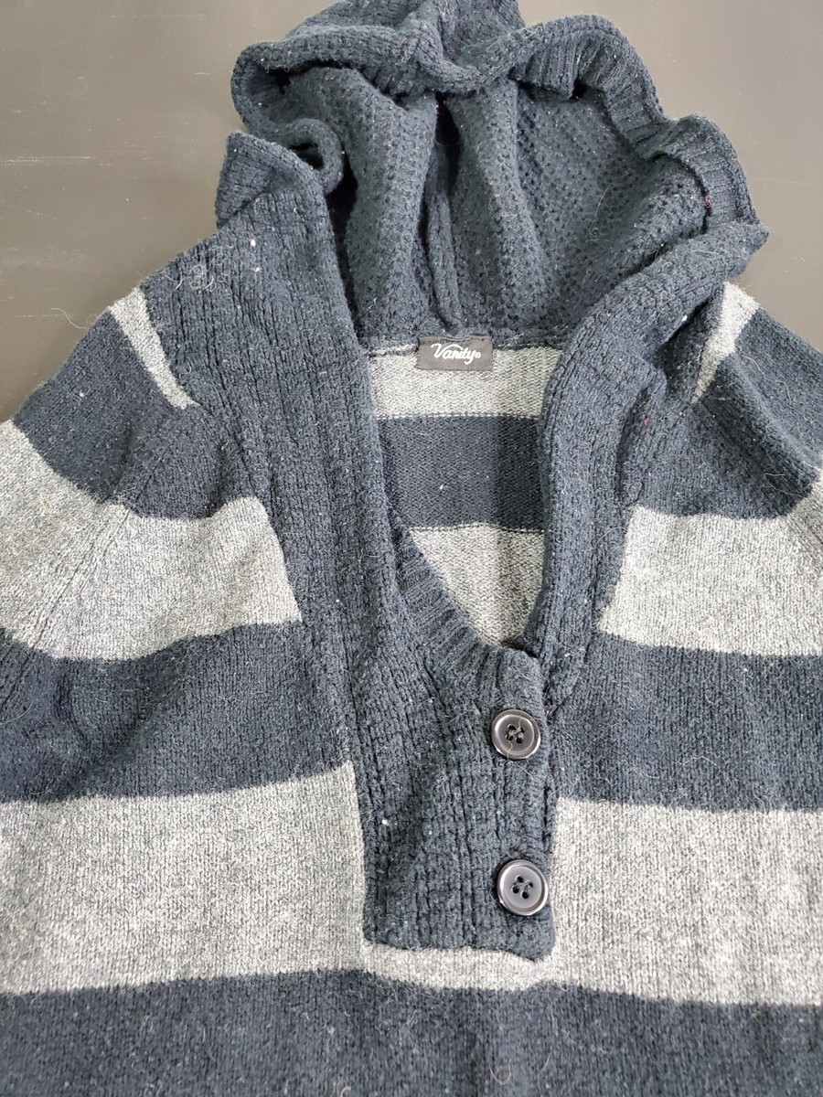 VANITY juniors Sz Med Long Sweater Blue And Gray Striped Acrylic Wool