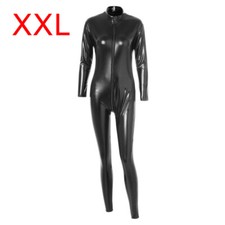Sexy Shiny Bodysuit PVC Faux Leather Catsuit 2 Way Zipper Long Sleeve Jumpsuit