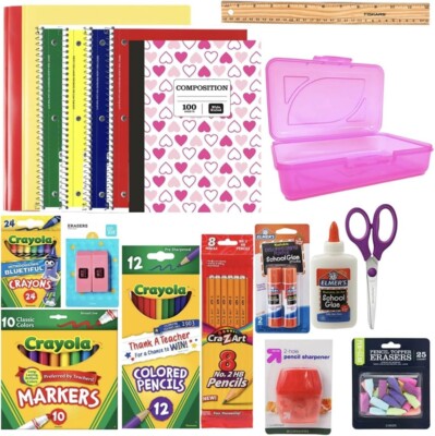 Back to School Essentials Supplies Pack Kit Bundle Grades K-8 Wide Ruled GIRLS