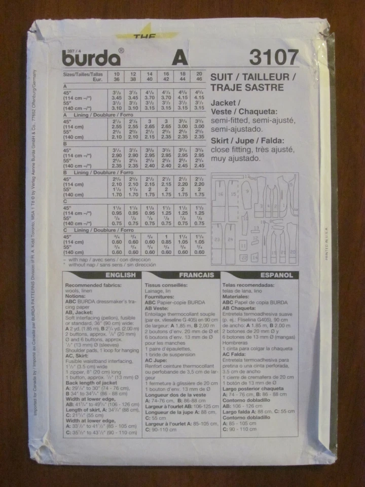 BURDA PATTERN - 3107 LADIES LINED SUIT SKIRT JACKET TWO LENGTHS 10-20 PLUS UNCUT - Image 2 of 2