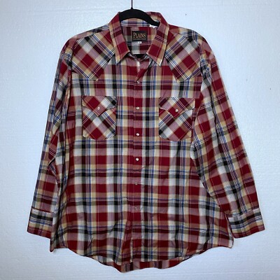 Plains Mens Size XL Red Plaid Western Wear Pearl Snap Shirt Long Sleeves Cowboy