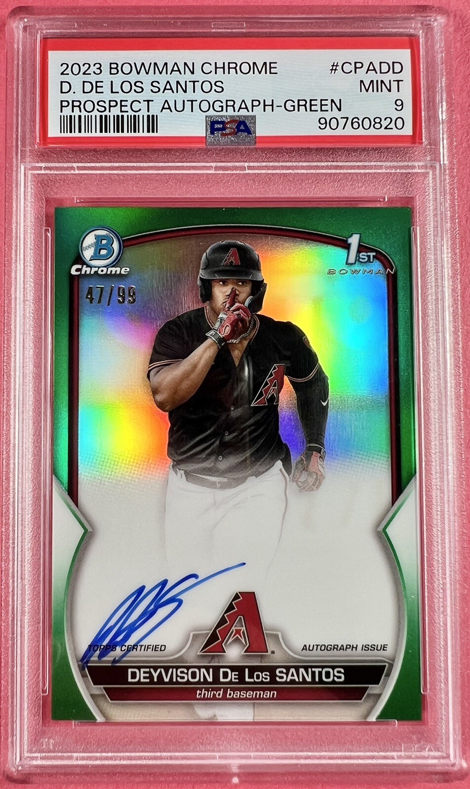 DEYVISON DE LOS SANTOS 🔥 2023 1ST BOWMAN CHROME GREEN AUTO RC #/99 💎 PSA 9