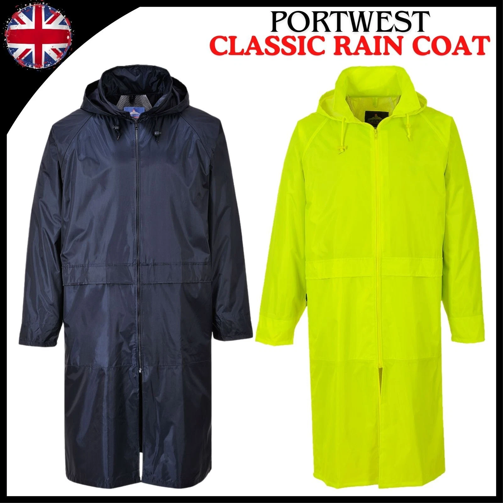 PORTWEST Rain Coat Adult Long Length Waterproof Lightweight Outdoor Hooded Jacke