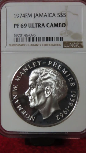 1974 Jamaica $5 (Norman) - NGC PF69 Ultra Cameo Silver Coin almost 38 grams