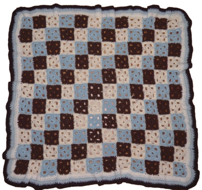 Crocheted Squares Afghan Lap Throw Blue White Brown Hand Made Vintage 43'' x 44''
