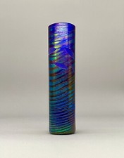 Okra (?) Studio Glass 15cm Iridescent Cylinder Vase - Fish Pattern - Unsigned