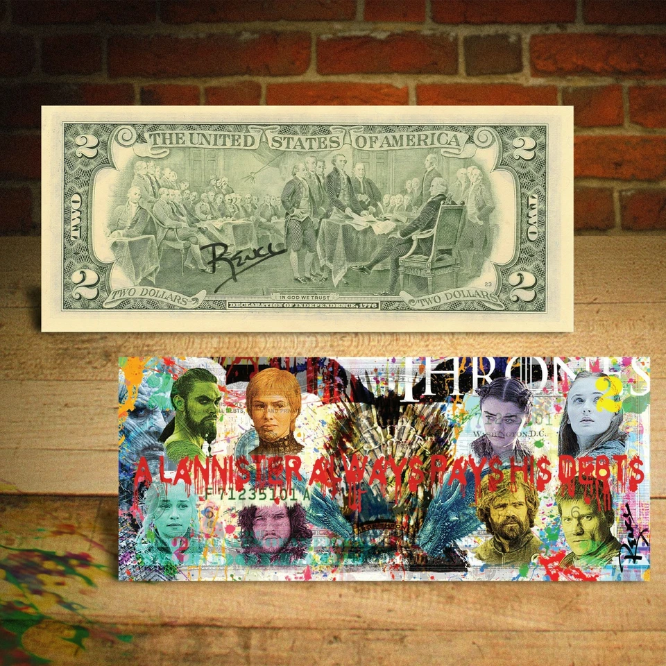 Juego de Tronos Genuino Licitación Legal Billete de $2 EE. UU. Arte Pop FIRMADO A MANO por Rency  Foto 3 de 3