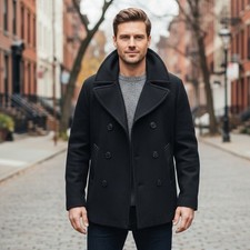 Jlindeberg Wool Blend Pea Coat Jacket Men's Double Breasted Black Outdoor READ