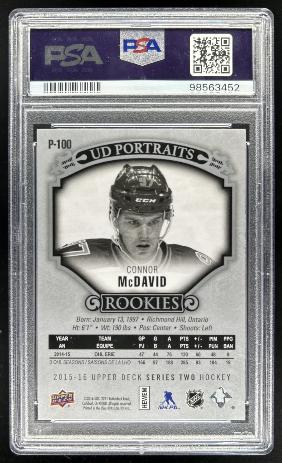 2015-16 Upper Deck Connor McDavid UD Portraits Rookie RC #P-100 Oilers PSA 10 view 2
