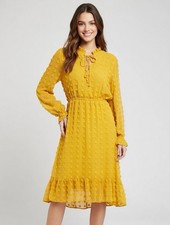 Boohoo Boho Mustard Yellow Pompom Dress Women’s Size 8 Flowy Spring
