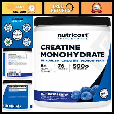 Creatine Monohydrate Powder - Blue Raspberry Flavor, 500g for Muscle Growth & En