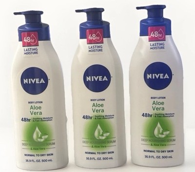 (3) NIVEA Aloe Vera Body Lotion 48 Hr w/ Deep Nourishing Serum 16.9oz New OH