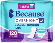 Because Overnight Incontinence Pads for 120 Count 6 Packs of 20 New Version