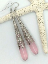 Sea Glass Earrings Antique Style Soft Pink Long Teardrops Silver Capped