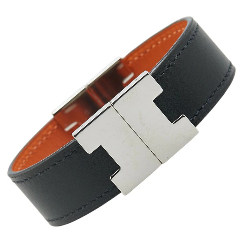 Y1207 Hermes Lurie Reversible Bracelet Black Brown Swift Metal Ladies HERMES Use
