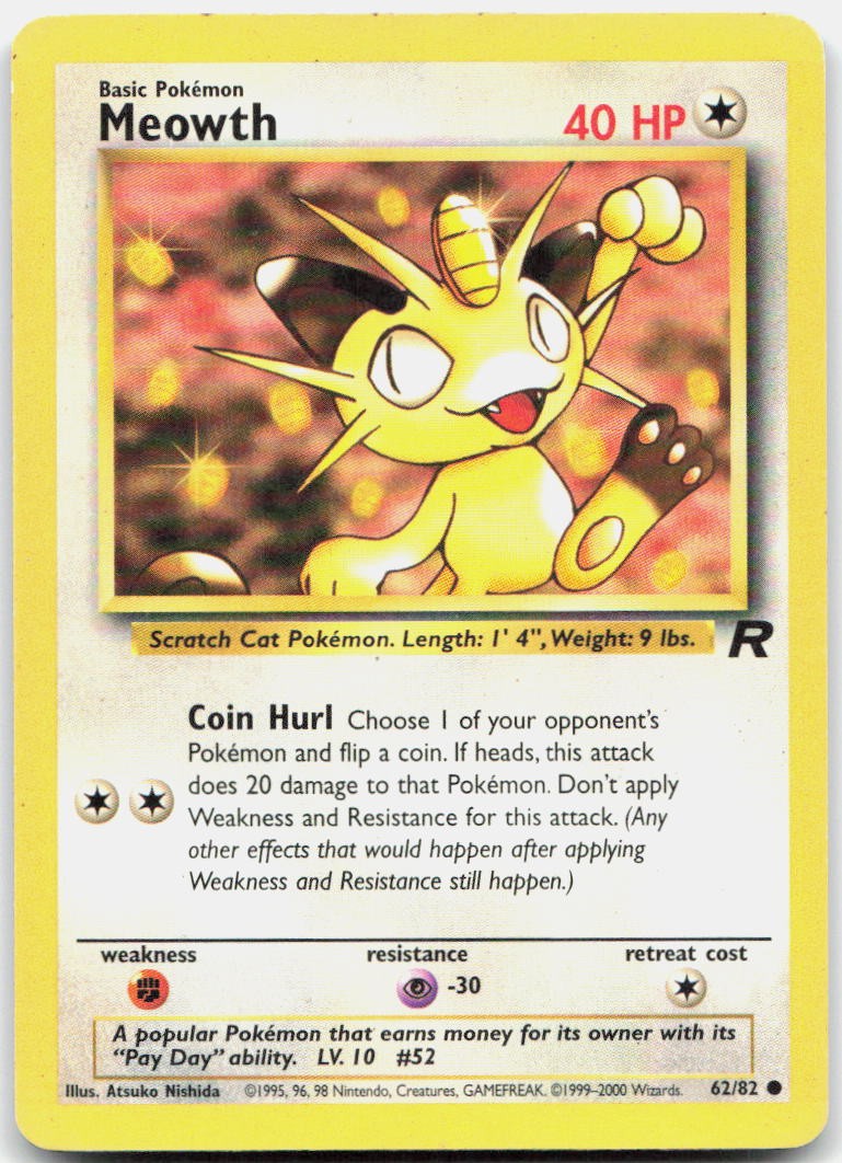 Meowth 62/82 Common Team Rocket Pokemon Unlimited Moderately Played