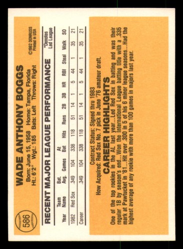 Donruss #586 Wade Boggs 1983 casi nuevo radiocontrol novato Medias Rojas - Imagen 2 de 2