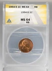 Certified 1954-S Lincoln Cent ANACS MS64 RB Wheat Penny San Francisco Mint 1c
