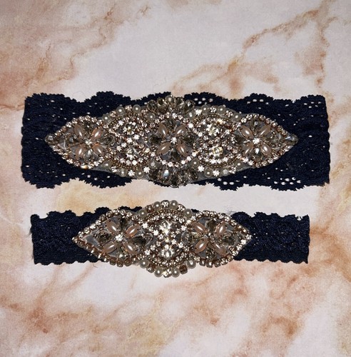 Wedding Garter Set with Crystal Rhinestones Navy Blue Lace
