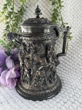 Antique German Silverplate Bacchus Wine Jug w/ Cherubs & Grapevines WMF Era 10”