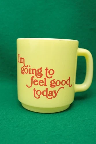 Vintage Glasbake Yellow Mug "I'm Going to Feel Good Today" Red Letter Coffee Cup