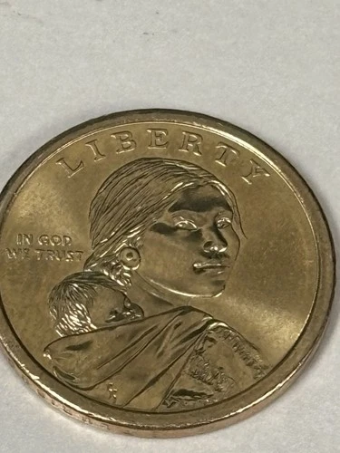 2009 P Sacagawea One Dollar Coin No Mint Rim Lettering US Liberty Gold Color