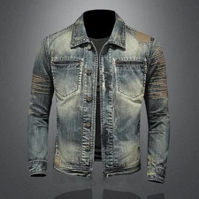 Ripped Men's Denim Jacket Jeans Coat Retro Long Sleeve Casual Washing Fashion