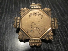 Antique Victorian Gold Plate Aesthetic Movement Brooch Pin Engraved Bird Flower